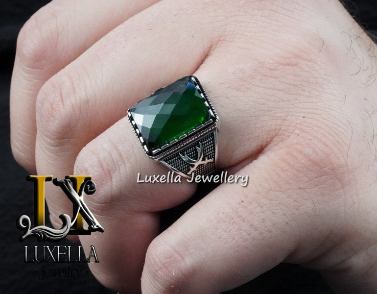 Sterling Silver Emerald Men's Ring - Unique Handcrafted Jewelry for Men