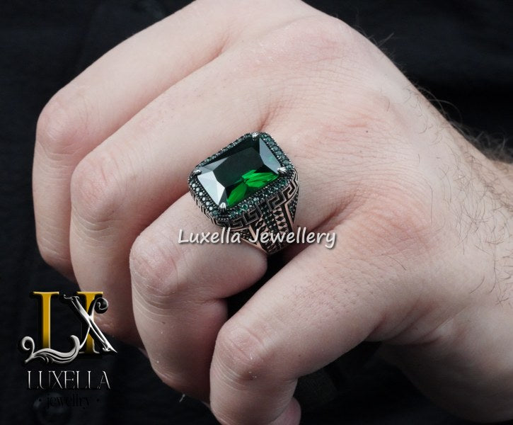 Sterling Silver Emerald Men's Ring - Unique Handcrafted Ring for Men