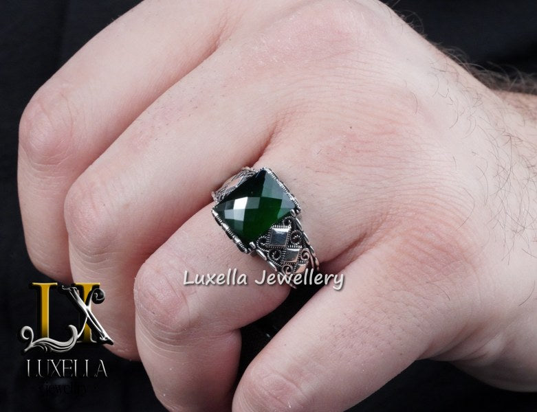 Sterling Silver Emerald Men's Ring - Unique Handcrafted Ring for Men