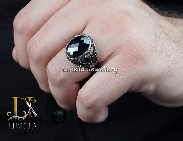 Sterling Silver Black Onyx Zircon Men's Ring - Unique Handmade Ring for Men