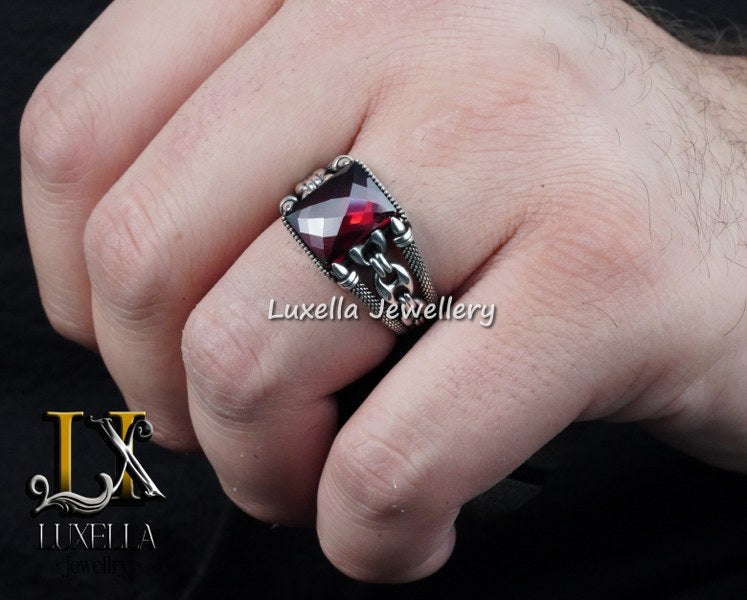 Sterling Silver Garnet Men's Ring - Handcrafted Jewelry for Bold Style