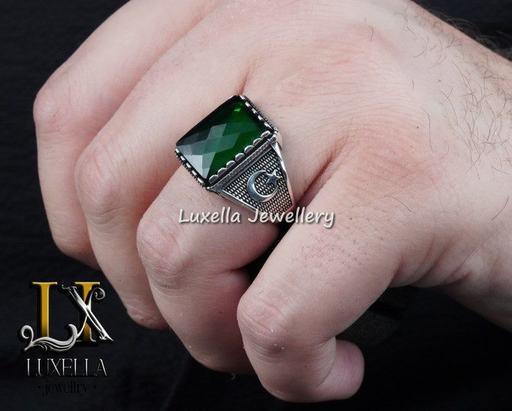 Sterling Silver Emerald Men's Ring - Unique Handcrafted Ring for Men