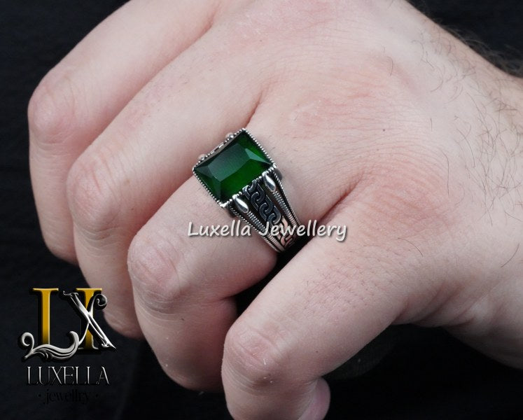 Sterling Silver Emerald Men's Ring - Unique Handcrafted Ring for Men