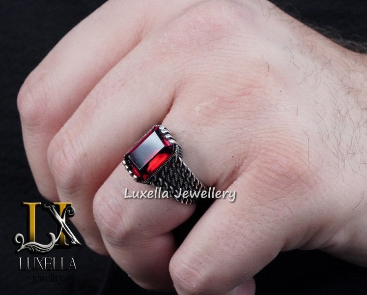 Sterling Silver Garnet Men's Ring - Handcrafted Jewelry for Bold Style