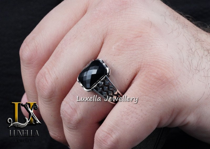 Sterling Silver Black Onyx Zircon Men's Ring - Unique Handmade Ring for Men