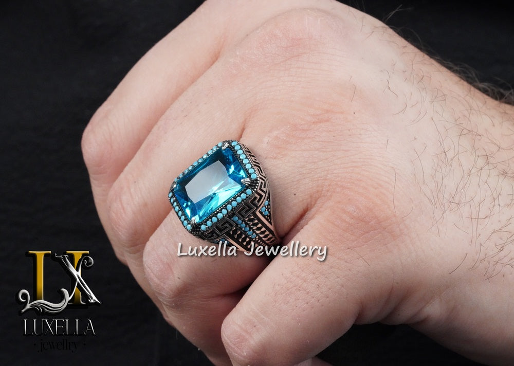 Sterling Silver Aquamarine Men's Ring - Elegant Handcrafted Jewelry for Men