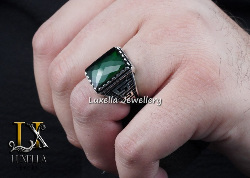 Sterling Silver Emerald Men's Ring - Unique Handcrafted Ring for Men