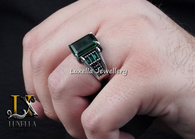 Sterling Silver Emerald Men's Ring - Unique Handcrafted Ring for Men