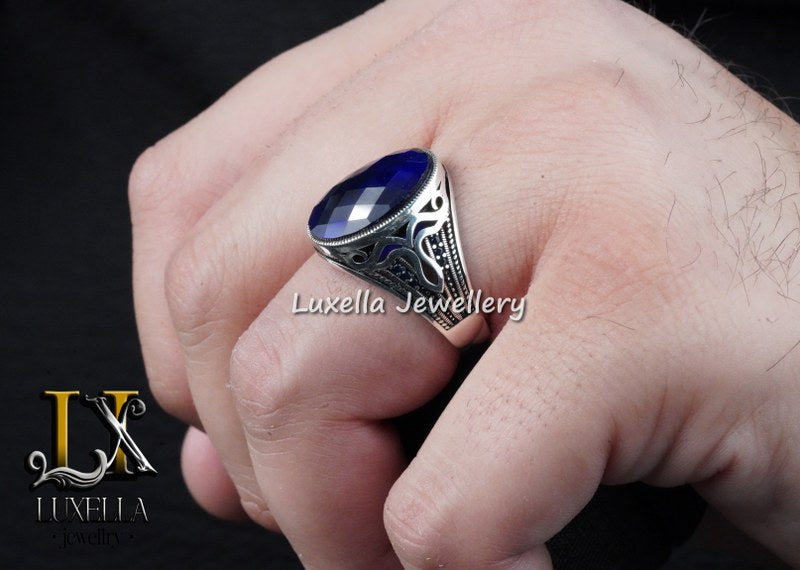 Sterling Silver Sapphire Men's Ring - Handcrafted Ring for Men