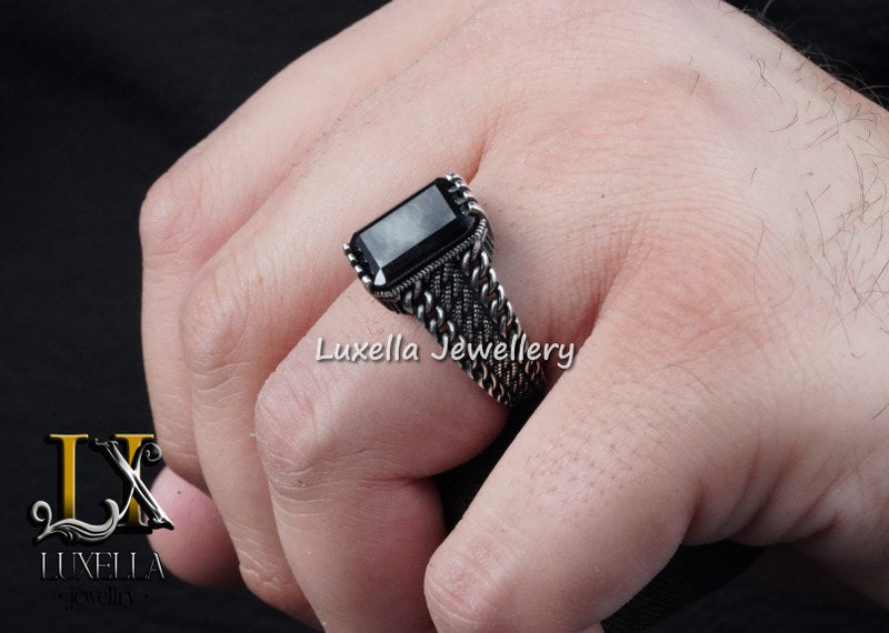 Sterling Silver Black Onyx Zircon Men's Ring - Unique Handmade Ring for Men