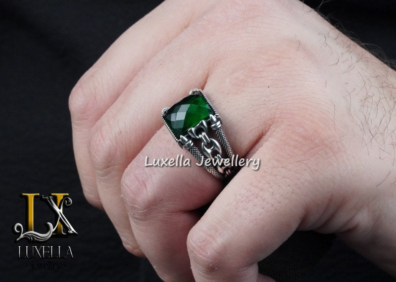 Sterling Silver Emerald Men's Ring - Unique Handcrafted Ring for Men