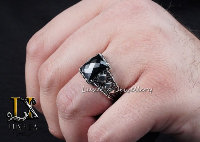 Sterling Silver Black Onyx Zircon Men's Ring - Unique Handmade Ring for Men