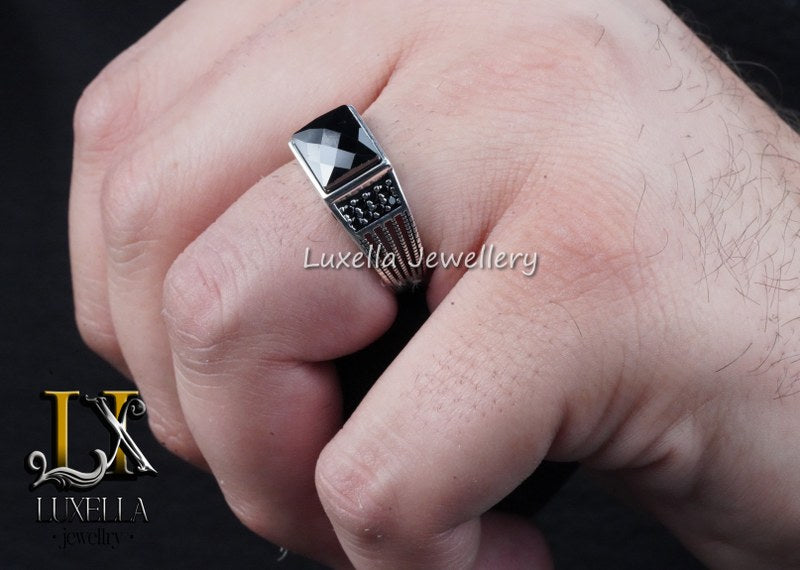 Sterling Silver Black Onyx Zircon Men's Ring - Unique Handmade Ring for Men