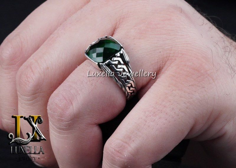 Sterling Silver Emerald Men's Ring - Unique Handcrafted Ring for Men