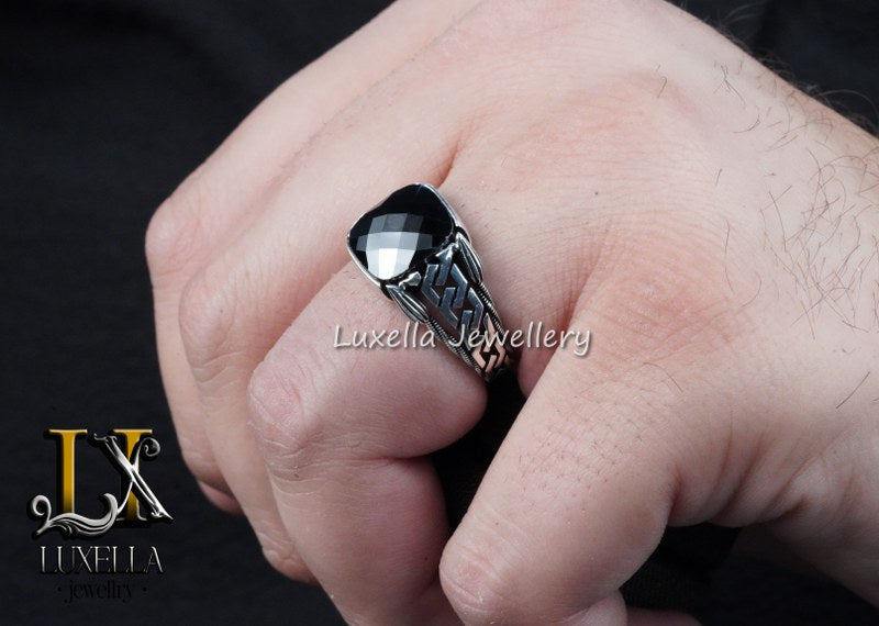 Sterling Silver Black Onyx Zircon Men's Ring - Unique Handmade Ring for Men