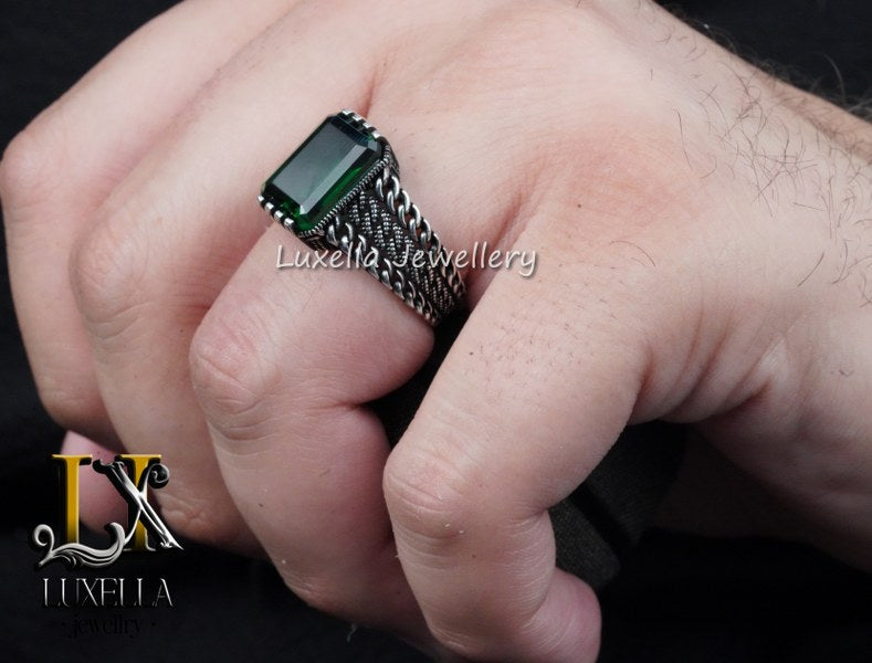 Sterling Silver Emerald Men's Ring - Unique Handcrafted Ring for Men