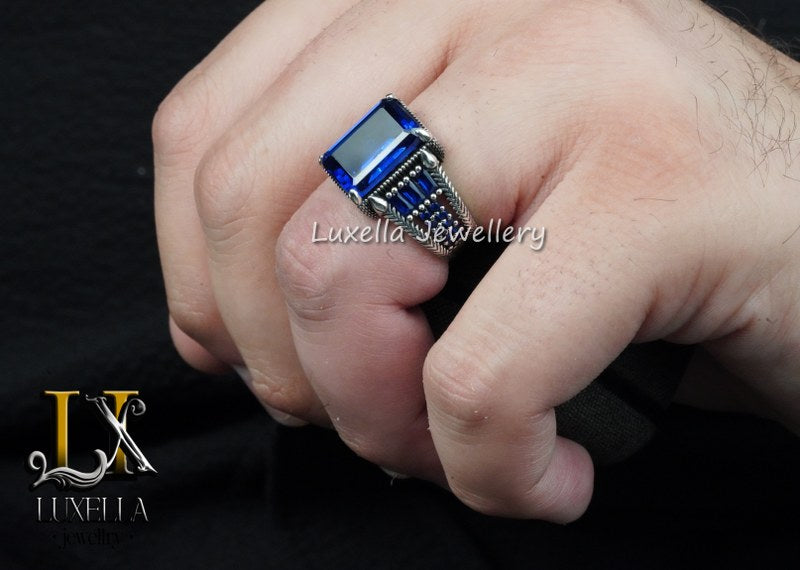 Sterling Silver Sapphire Men's Ring - Handcrafted Ring for Men