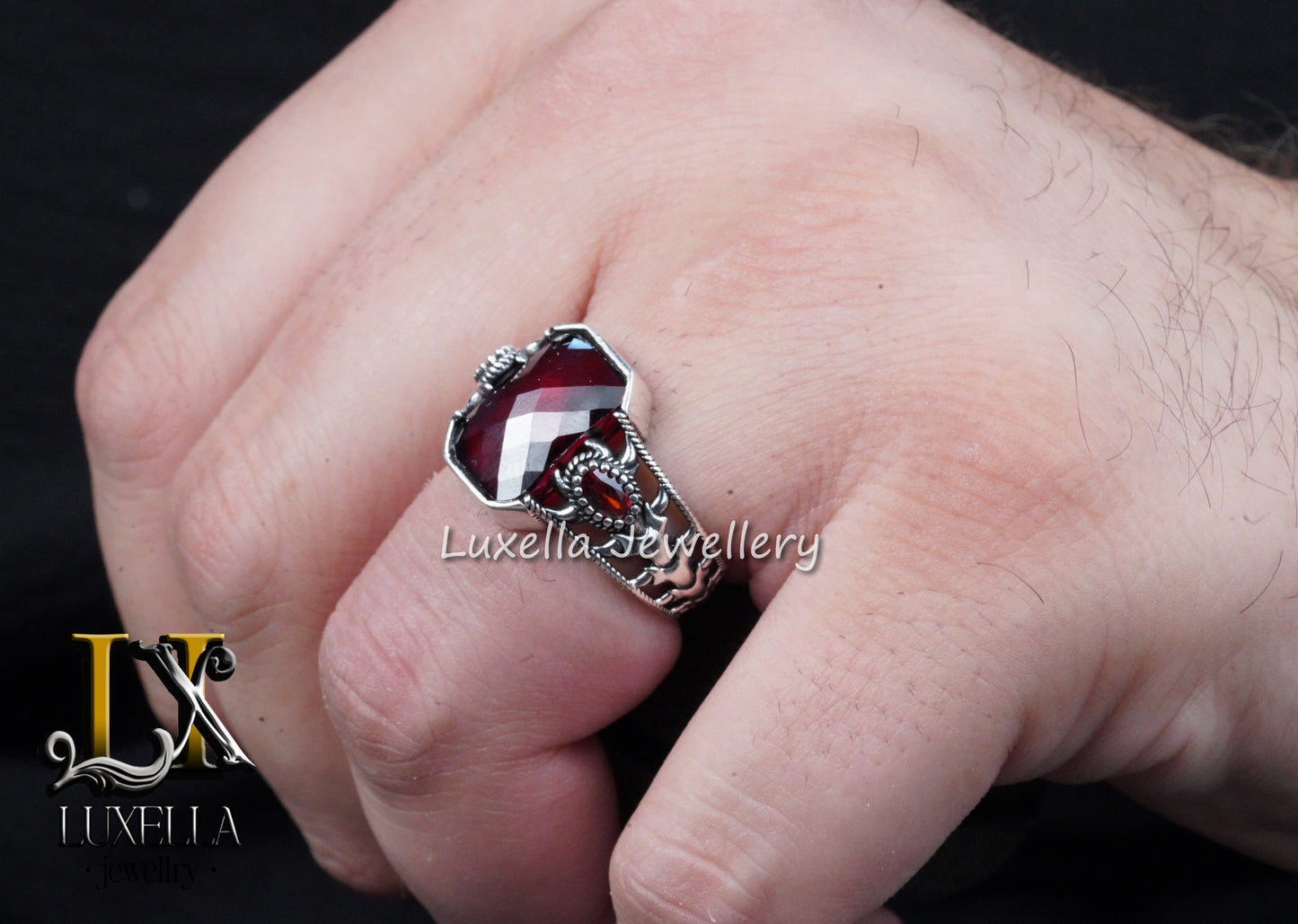 Sterling Silver Garnet Men's Ring - Handcrafted Jewelry for Bold Style