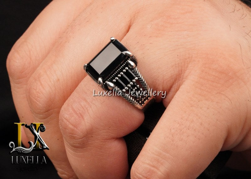 Sterling Silver Black Zircon Onyx Men's Ring - Unique Statement Ring for Men