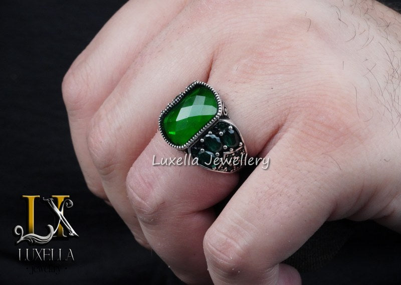 Sterling Silver Emerald Men's Ring - Unique Handcrafted Ring for Men