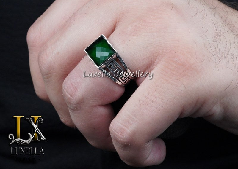 Sterling Silver Emerald Men's Ring - Unique Handcrafted Ring for Men