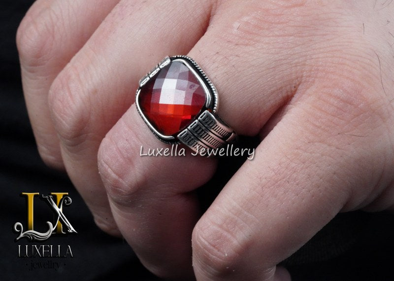 Sterling Silver Garnet Men's Ring - Handcrafted Jewelry for Bold Style