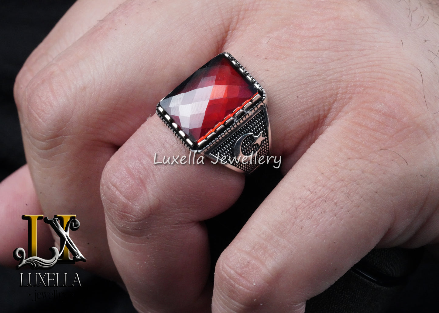 Sterling Silver Garnet Men's Ring - Handcrafted Jewelry for Bold Style