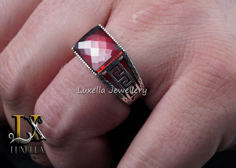 Sterling Silver Garnet Men's Ring - Handcrafted Jewelry for Bold Style