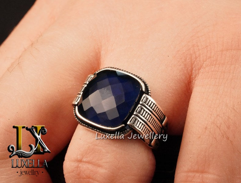 Sterling Silver Sapphire Men's Ring - Handcrafted Ring for Men