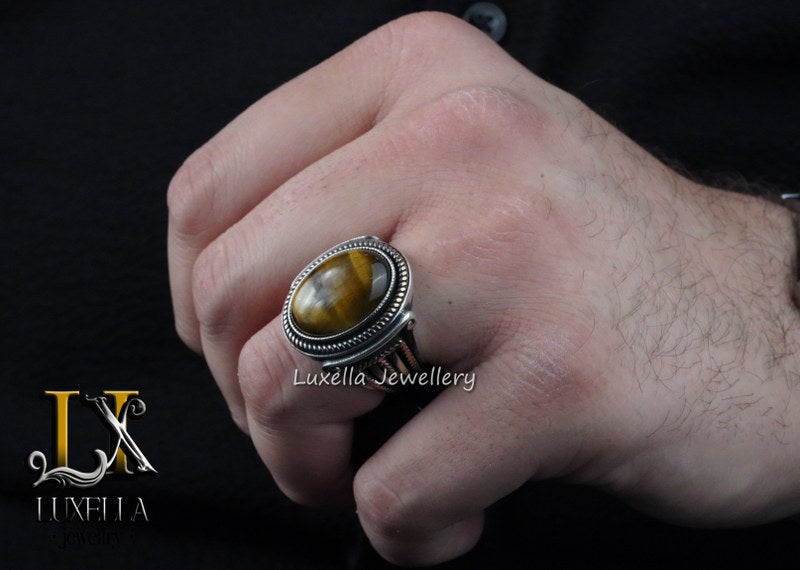 Sterling Silver Tiger's Eye Men's Ring - Handcrafted Unique Silver Ring for Men