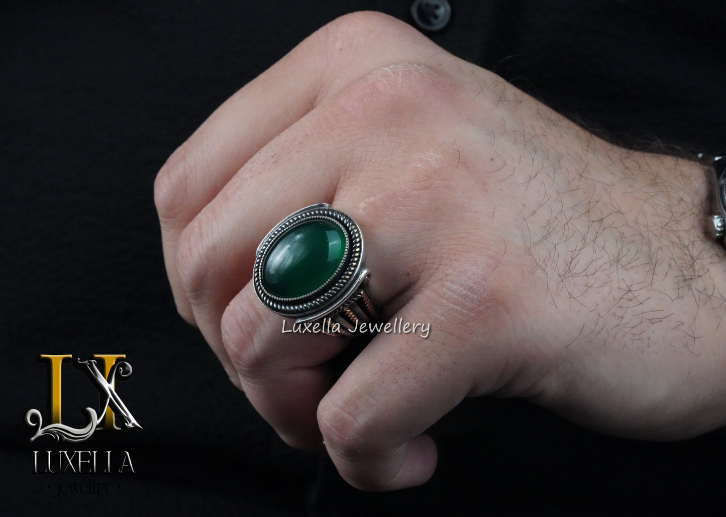 Sterling Silver Green Onyx Men's Ring - Unique Handcrafted Statement Ring For Men