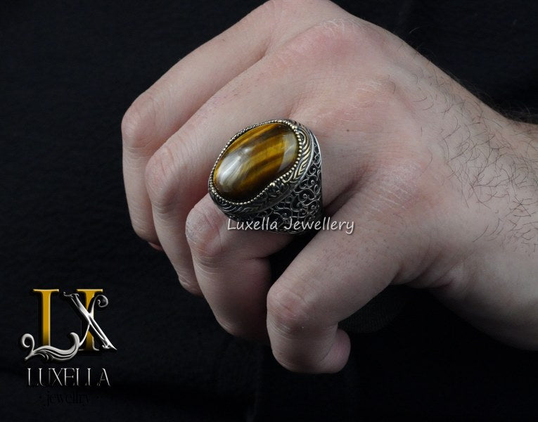 Sterling Silver Tiger's Eye Men's Ring - Handcrafted Unique Silver Ring for Men