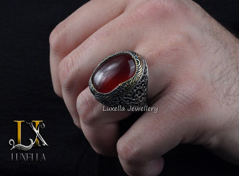 Sterling Silver Agate Men's Ring - Unique Handcrafted Statement Ring For Men