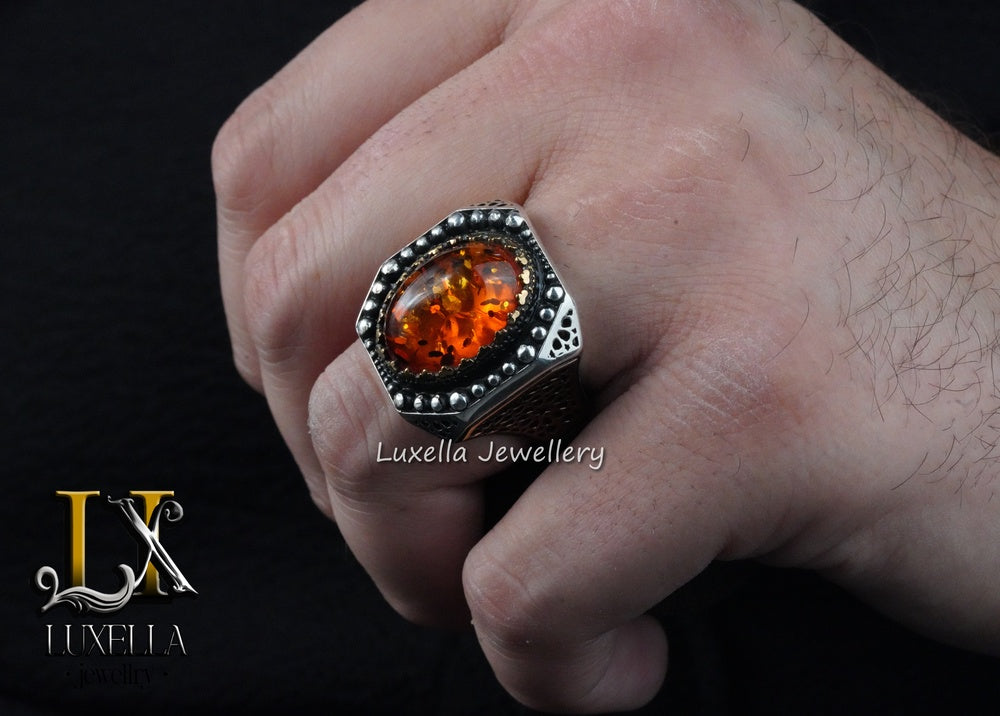 Sterling Silver Amber Men's Ring - Timeless Handcrafted Jewelry Ring For Men