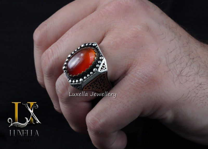 Sterling Silver Agate Men's Ring - Unique Handcrafted Jewelry Statement Ring For Men