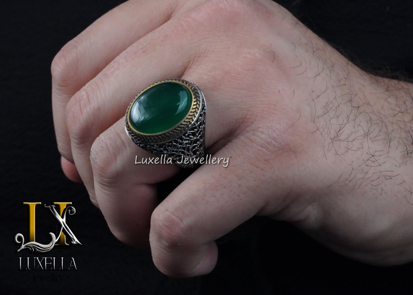 Sterling Silver Green Onyx Men's Ring - Unique Handcrafted Statement Ring For Men