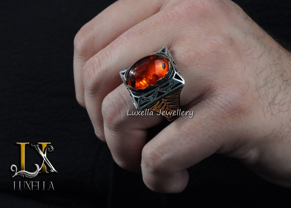 Sterling Silver Amber Men's Ring - Timeless Handcrafted Jewelry Ring for Men