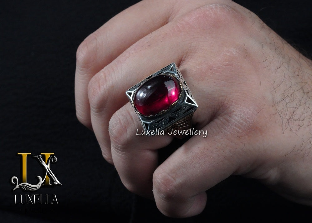 Sterling Silver Red Ruby Men's Ring - Elegant Handcrafted Silver Ring for Men