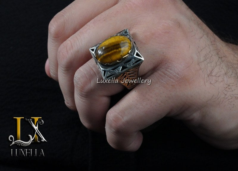 Sterling Silver Tiger's Eye Men's Ring - Handcrafted Unique Silver Ring for Men