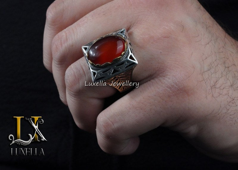 Sterling Silver Agate Men's Ring - Unique Handcrafted Statement Ring For Men