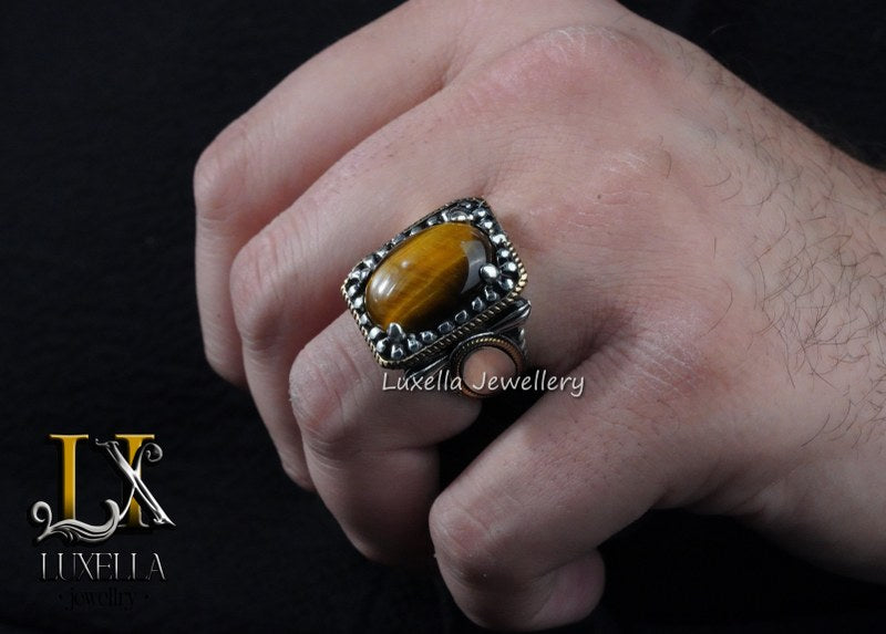 Sterling Silver Tiger's Eye Men's Ring - Handcrafted Unique Silver Ring for Men