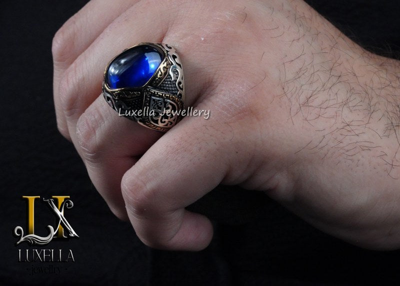 Sterling Silver Sapphire Men's Ring - Handcrafted Ring for Men