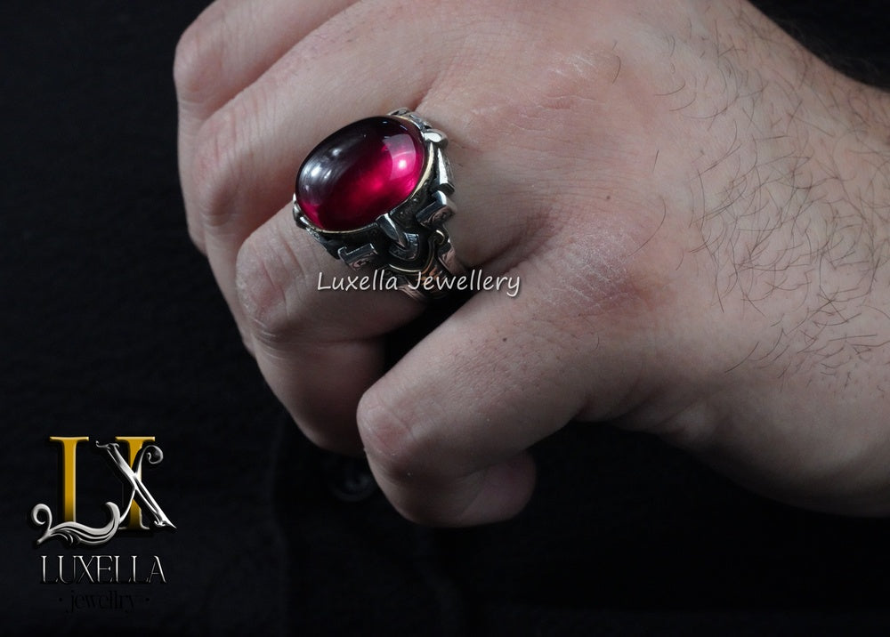 Sterling Silver Red Ruby Men's Ring - Elegant Handcrafted Silver Ring for Men