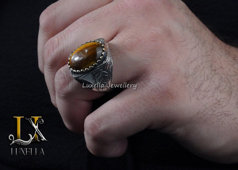 Sterling Silver Tiger's Eye Men's Ring - Handcrafted Unique Silver Ring for Men