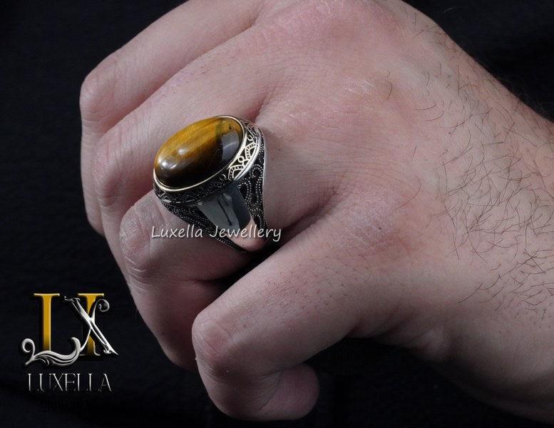 Sterling Silver Tiger's Eye Men's Ring - Handcrafted Unique Silver Ring for Men