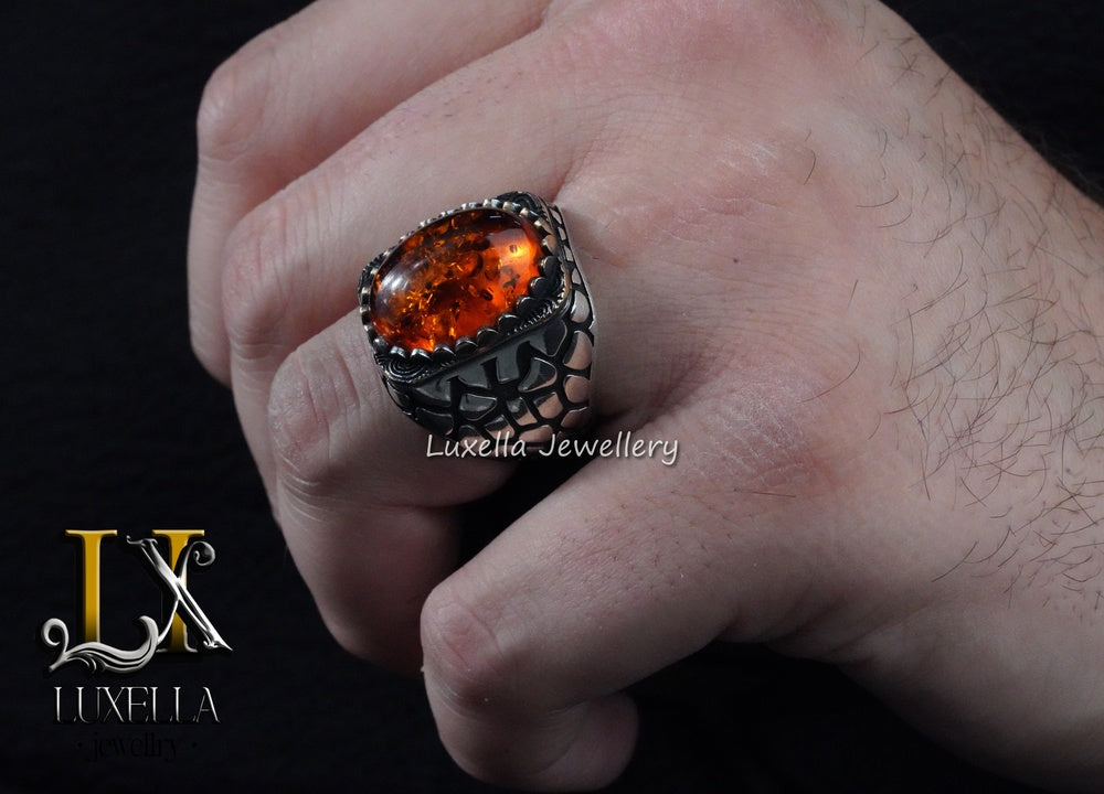 Sterling Silver Amber Men's Ring - Timeless Handcrafted Mens Ring