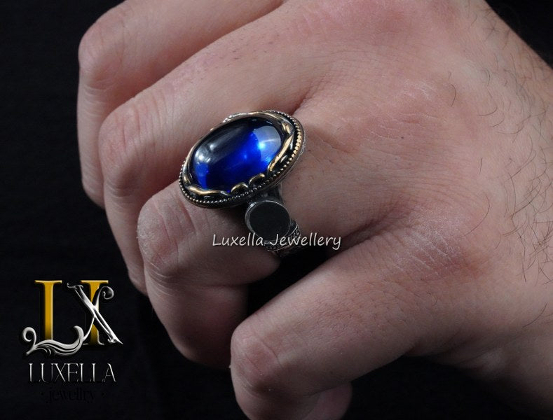 Sterling Silver Sapphire Men's Ring - Bold Handcrafted Jewelry for Men