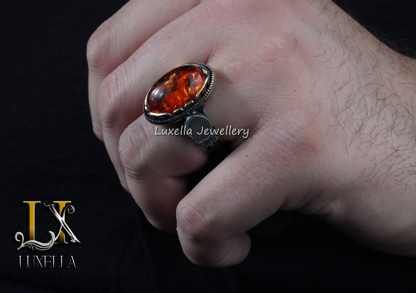 Sterling Silver Amber Men's Ring - Timeless Handcrafted Jewelry Ring For Men