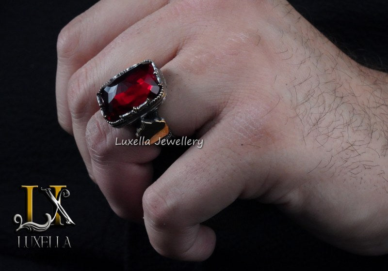 Sterling Silver Garnet Men's Ring - Handcrafted Jewelry for Bold Style