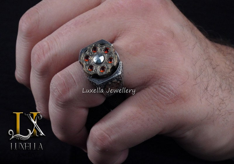 Sterling Silver Garnet Men's Ring - Handcrafted Jewelry for Bold Style